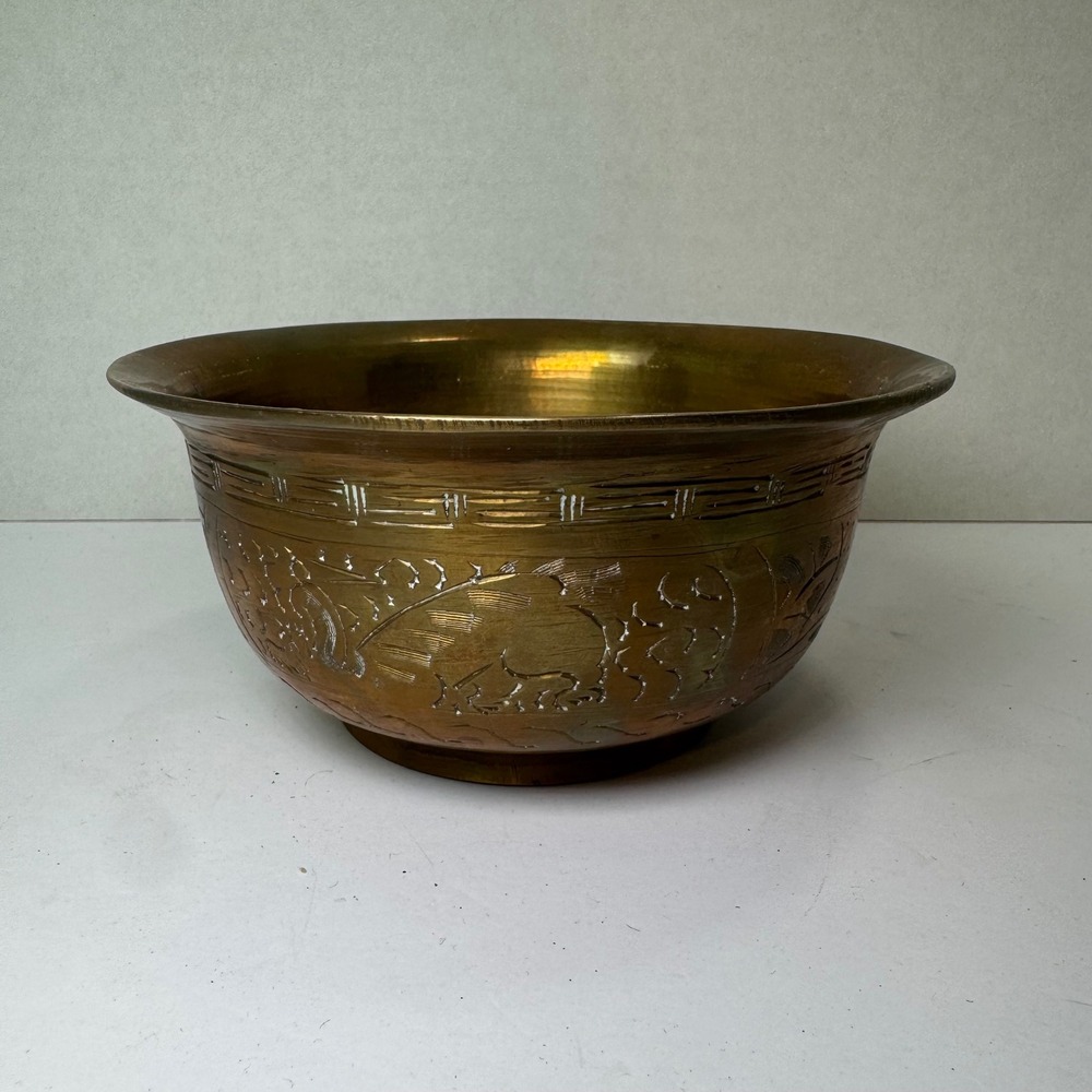 Vintage Etched Solid Brass Bowl Chinese Motif Decorative Collectible MCM China